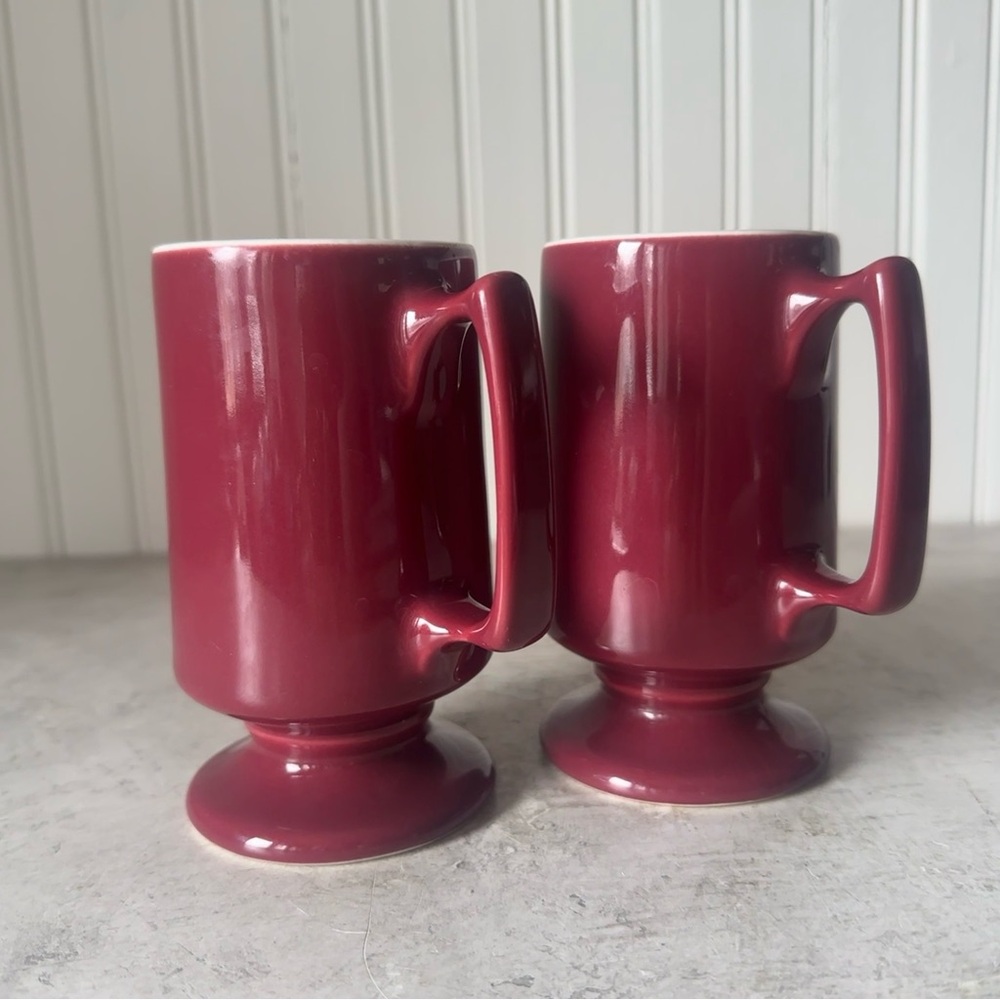 VTG Hall China # 1872 Burgundy Maroon Irish Coffee Mug Set Of 2 Pedestal Cups